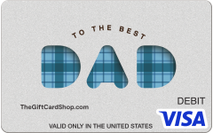 Visa® To The Best Dad Gift Card featuring a silver background and the message "to the best dad" with "dad" in blue plaid design.