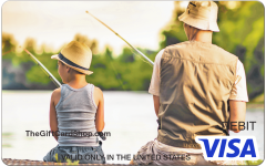 Visa® Fishing Buddies Gift Card featuring a father and son sitting together facing the water fishing.