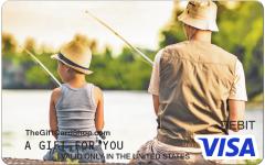 Visa® Fishing Buddies Gift Card featuring a father and son sitting together facing the water fishing.