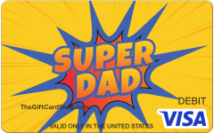 Visa® Super Dad Gift Card featuring a bright yellow background and a blue comic book style speech bubble with text that reads "Super Dad" in the center of the card.