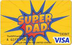 Visa® Super Dad Gift Card featuring a bright yellow background and a blue comic book style speech bubble with text that reads "Super Dad" in the center of the card.