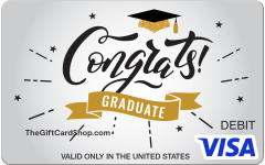 Visa® Congrats Grad Gift Card featuring a silver background with the text "congrats graduate" topped by a small graduation cap.