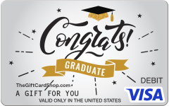 Visa® Congrats Grad Gift Card featuring a silver background with the text "congrats graduate" topped by a small graduation cap.