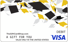 Visa® Graduation Gold Gift Card featuring a white background and decorative gradient of graduation caps in shades of gray, black and gold across the top.