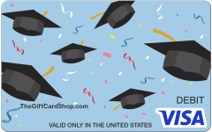 Visa® Graduation Tassels Gift Card featuring a light blue background with confetti and graduation caps.