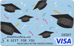 Visa® Graduation Tassels eGift Card featuring a light blue background with confetti and graduation caps.