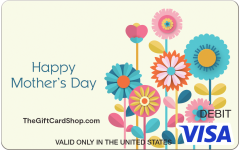 Visa® Mother's Day Bloom Gift Card featuring a light yellow background with bright colored cartoon flowers on the right of the card and the text "Happy Mother's Day" written on the left of the card.