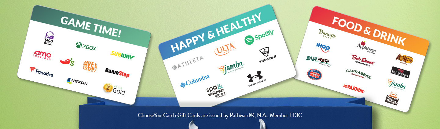 Graphic with three themed gift cards showing various brand logos.