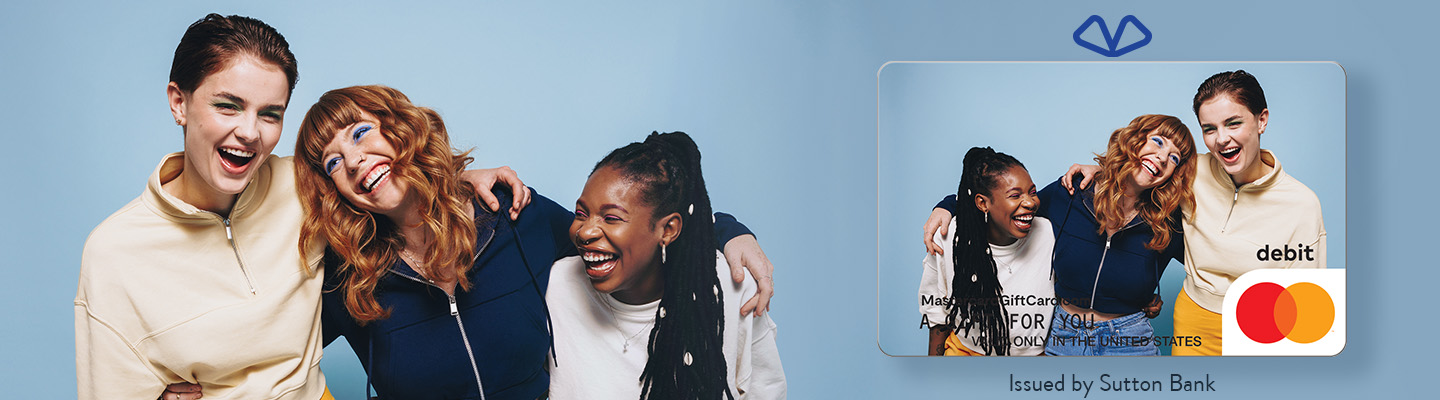 Group of happy people and a debit card advertisement.
