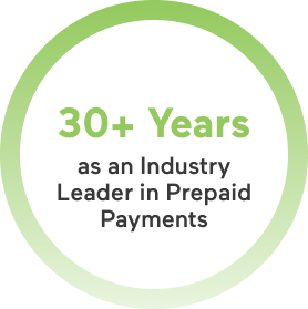 A graphic that says over 30 years as an industry leader in prepaid payments