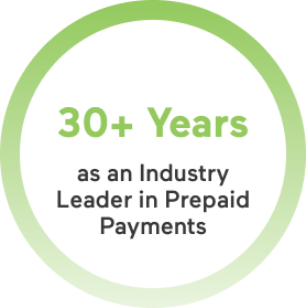 A graphic that says over 30 years as an industry leader in prepaid payments