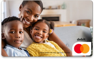 Family smiling on a debit card advertisement.