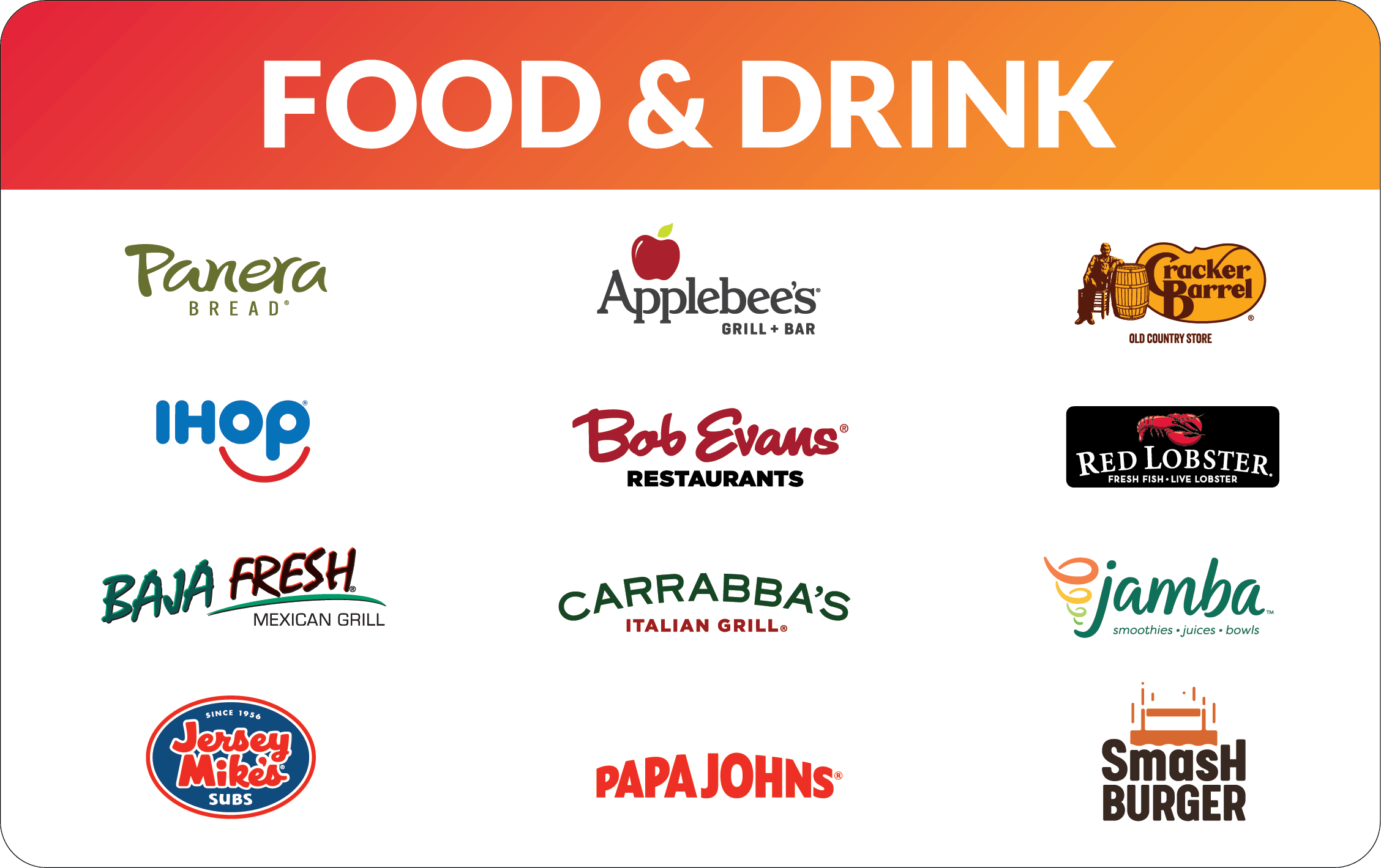 Logos of various food and drink chain restaurants.