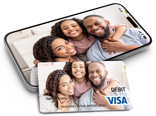 Family smiling on a phone screen and replicated on a debit card.