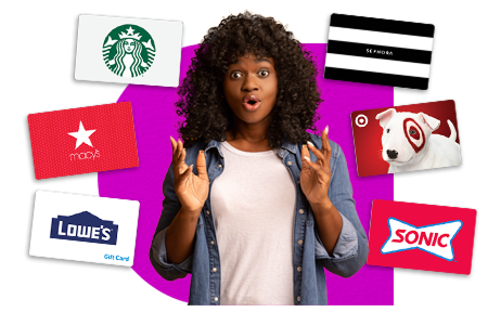 Woman surrounded by graphics of popular brand gift cards