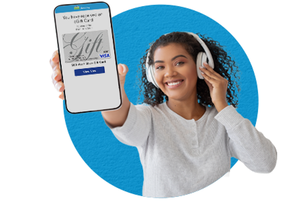 Smiling woman holding eGift card on her cell phone