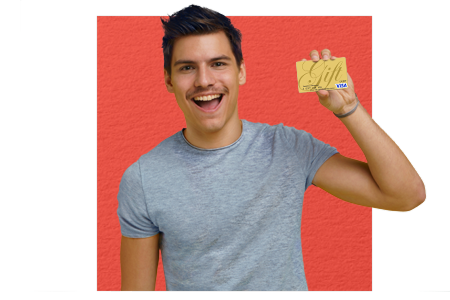 Smiling man holding physical gift card